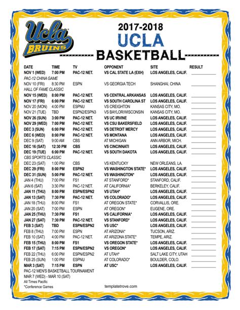 Printable 2017 2018 Ucla Bruins Basketball Schedule