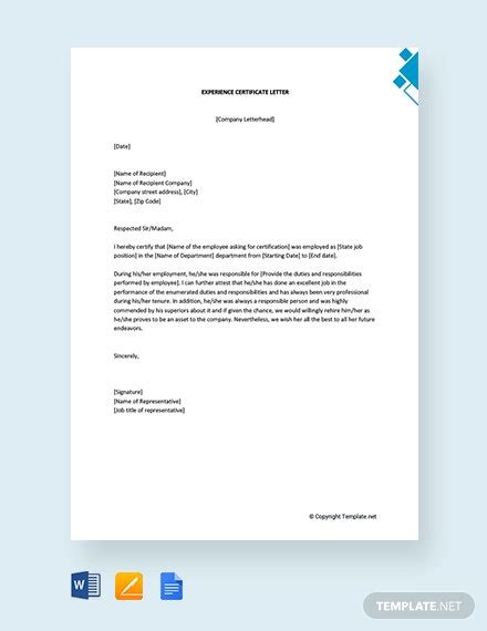 The content of a job application letter will depend on different factors like the job position that is being targeted by the applicant, the industry. FREE Experience Certificate Letter Template - Word ...