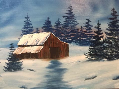 Winter Barn Painting Oil On Canvas Sunset Canvas Painting Winter