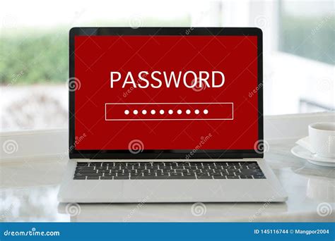 Laptop Computer With Password Login On Screen On White Table Cyber Security Concept Stock