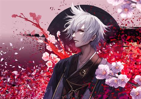 Anime Male Flowers Japanese Clothes Male Original White Hair Wallpaper