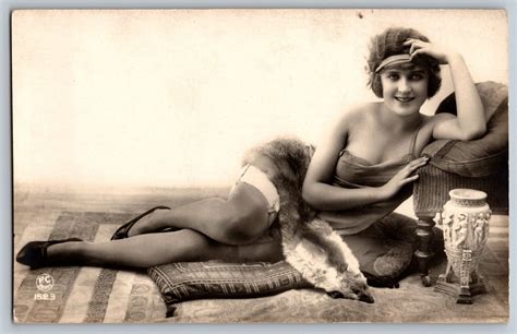 Vintage French Postcard Risque Nude S Flapper Lady Sits In