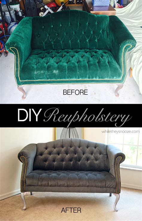 While They Snooze How To Reupholster A Tufted Couch Reupholster Furniture Diy Couch Tufted