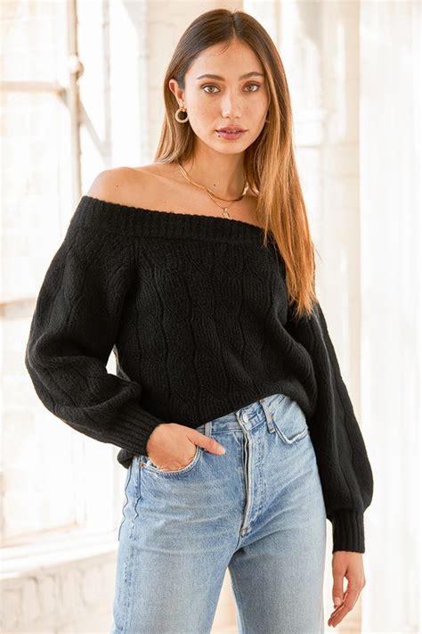 Black Sweater Off The Shoulder Sweater Cable Knit Sweater Lulus