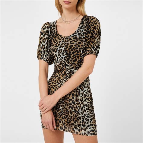 Ganni Ruched Mesh Mini Dress Women Leopard Flannels