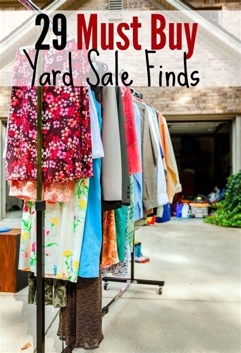 A Yard Sale With Clothes Hanging On A Rack And The Words 29 Must Buy