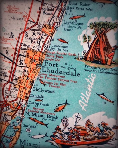 Fort Lauderdale Hollywood Beach Retro Beach Map Print Funky
