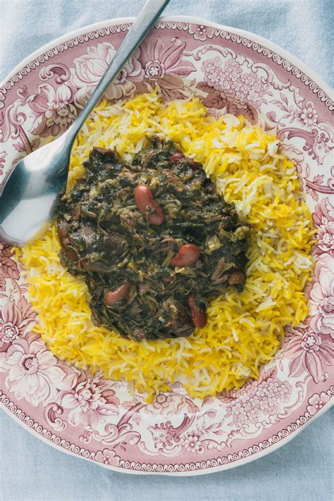 Ghormeh Sabzi With Saffron Rice And Tahdig Crispy Rice