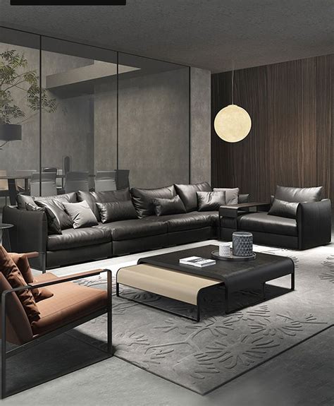 Nordic Leather Sofa Black Living Room Modern Minimalist Minimalist