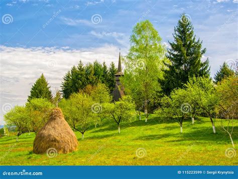 Scenic Spring Rural Landscape With Traditional Maramures Neo Gothic