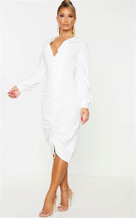 White Long Sleeve Ruched Midi Shirt Dress Prettylittlething