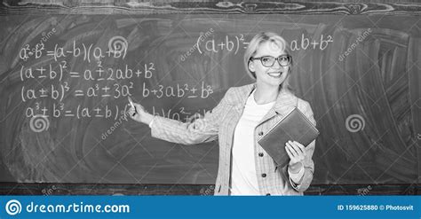 Teacher Smart Woman With Book Explain Topic Near Chalkboard School