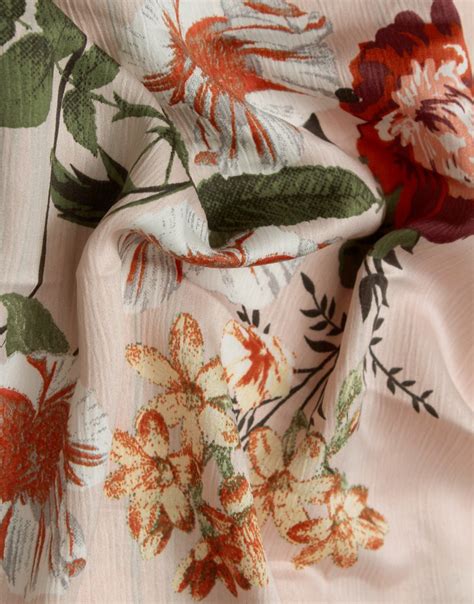 Peach Base Floral Print On Poly Chiffon Satin Dress Material Fabric