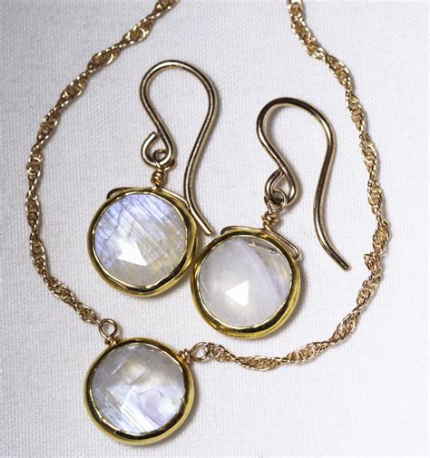 Rainbow Moonstone Necklace And Earrings 2 Piece Set Gold Etsy