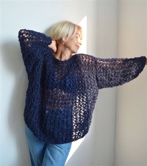 Navy Blue Mohair Loose Knit Sweater Soft Handknit Oversized Etsy