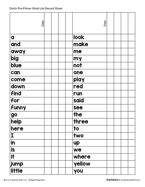 Printable Dolch Word Lists A To Z Teacher Stuff Printable Pages And