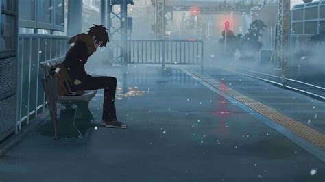 Rainy Street Anime Art Guy Sitting Seni Gambar Bergerak