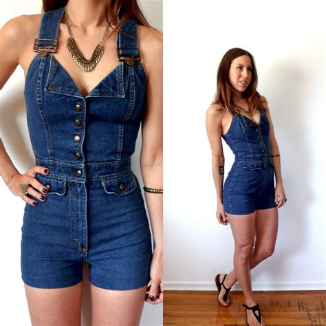 Vintage Denim Overall Shorts Womens Romper Blue Jean Jumpsuit Clothes