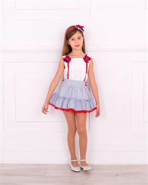 Dolce Petit Girls White Blouse And Blue Striped Skirt Set