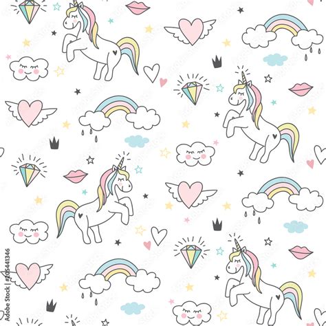 Seamless Cute Unicorn Pattern With Stars Rainbow Clouds And Hearts
