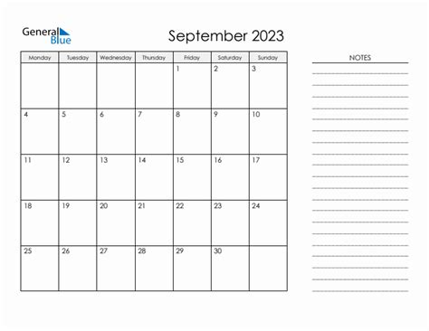 Printable Monthly Calendar With Notes September 2023