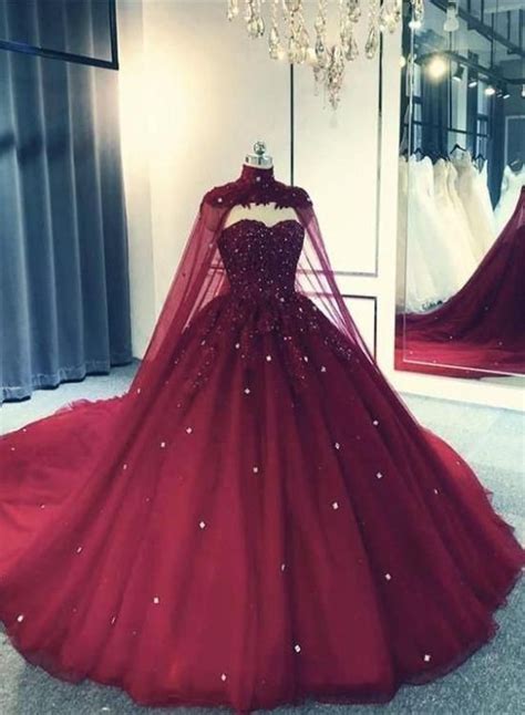 Glam Ball Gown Quinceanera Dress Lace Applique Beaded Cape Wine Red