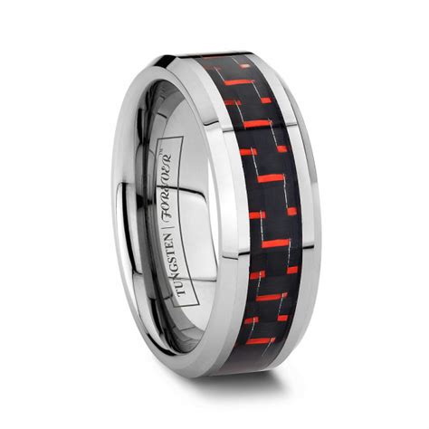 Are you looking for a fine gold wedding band, or a set of platinum bands? 8mm Beveled Red Carbon Fiber Tungsten Wedding Band