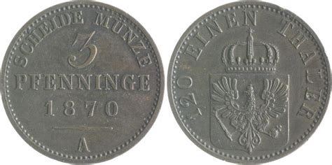 Brandenburg In Den Marken Preussen 3 Pfennige 1870 A Wilhelm I 1861