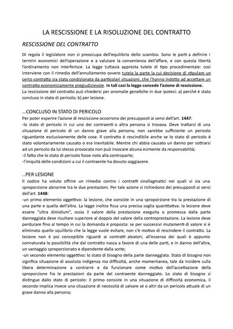 LA Rescissione E LA Risoluzione DEL Contratto LA RESCISSIONE E LA