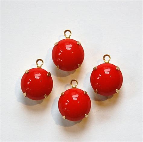 Vintage Opaque Red Glass Stones In 1 Loop Brass Settings Etsy