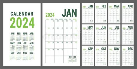 Planificador De Calendario 2024 Plantilla Verde De Calendario Inglés