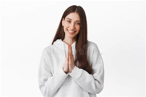 Thank You Namaste Smiling Friendly Young Woman Hold Hands In Pray