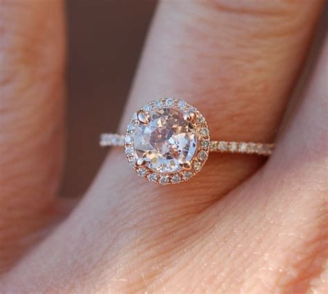Rose Gold Engagement Ring Peach Sapphire Diamond Ring 14k Rose Gold
