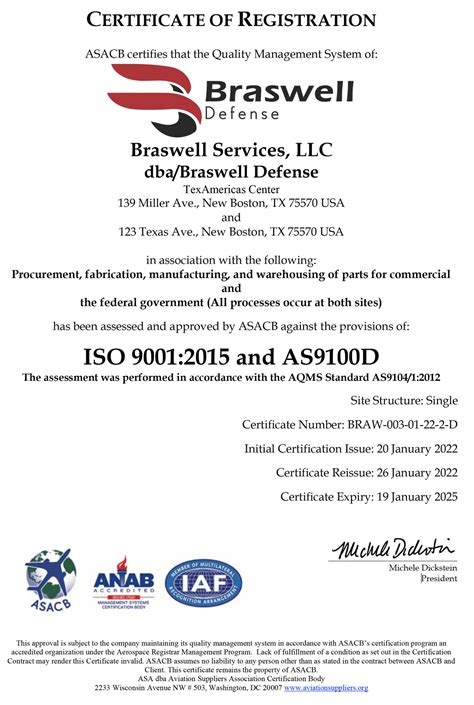 Braswell Defense Services Dba Braswell Defense Receives As9100d