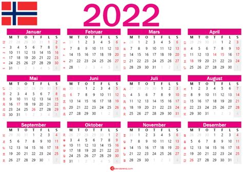 Norsk Kalender 2022 Med Helligdager Og Ukenummer