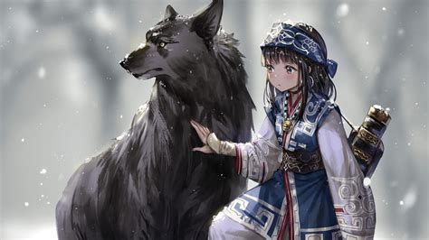 Girl Character Beside Wolf Illustration Fantasy Art Anime Snow Wolf