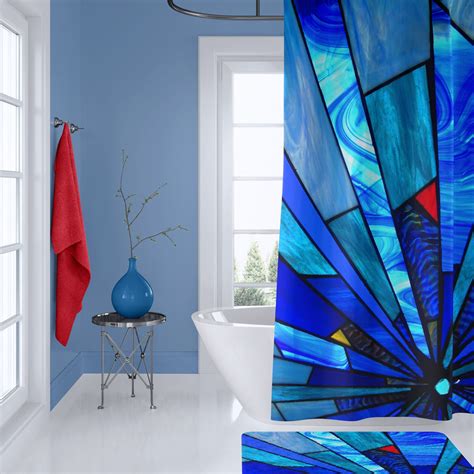 Blue Abstract Shower Curtain Set Stained Glass Nautical Etsy