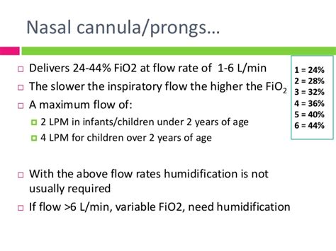 The cannulae devices can only provide oxygen at low flow rates upto 5 litres per minute (l/min), delivering an oxygen concentration. Max flow rate nasal cannula