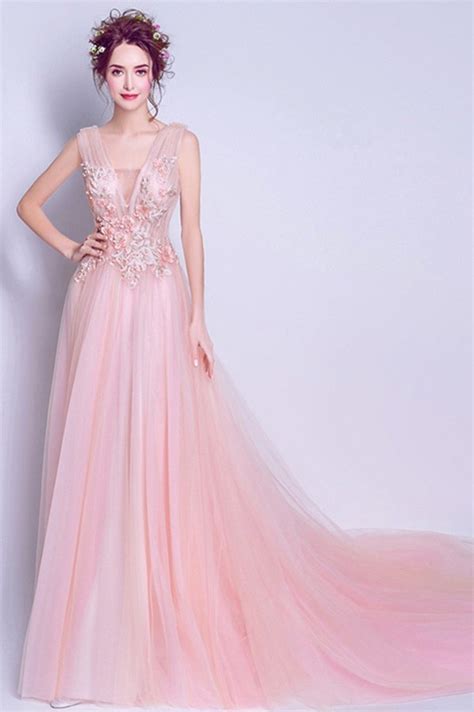 A Line V Neck Light Pink Tulle Pearl Beaded Wedding Dress Corset Back