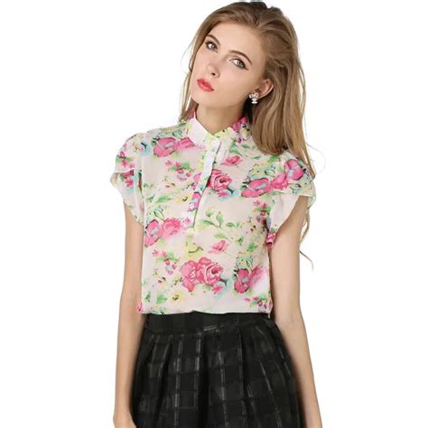 Summer Floral Print Chiffon Blouse New Women Casual Short Sleeve