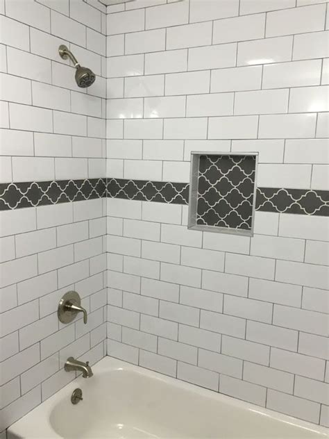 White Subway Tile With Dark Grey Grout Bathroom