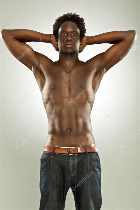 Handsome Black Man Naked With Jeans Isolated On Grey Stock Photo By