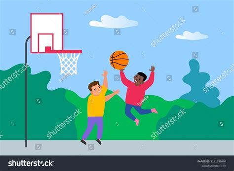Two Boys Playing Basketball Together Outdoor Stock Vector Royalty Free