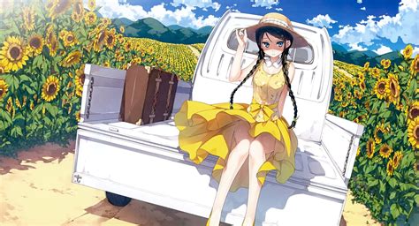 Female Anime Character Wearing Yellow Dress Sunflowers Twintails Clouds Miyaguchi Hiromi