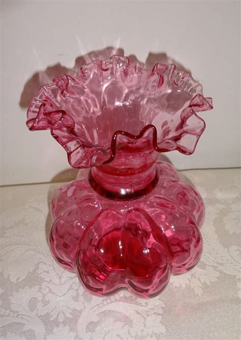 Fenton Cranberry Glass Vase Vintage Ruffled Edge Diamond Optic Etsy