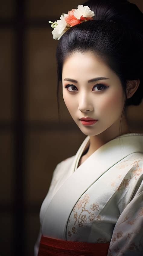 Elegant Japanese Geisha In Traditional Makeup And Kimono Portrait Photography Indoor Setting