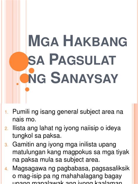 Mga Hakbang Sa Pagsulat Ng Sanaysay