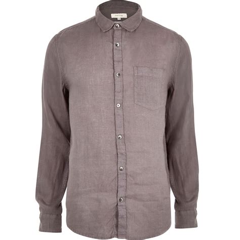 Lyst River Island Grey Linen Long Sleeve Shirt In Gray For Men