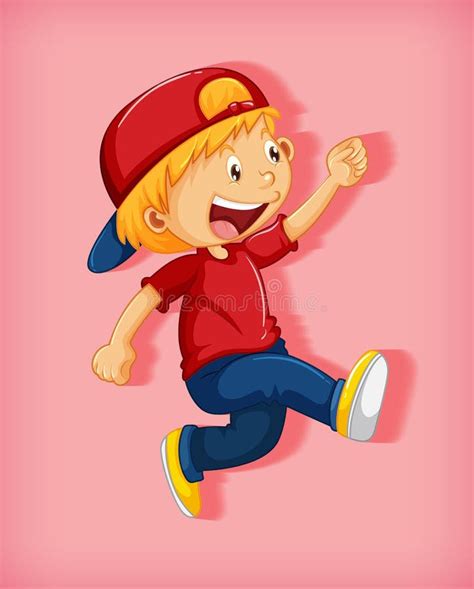 Cute Boy Wearing Red Cap With Stranglehold In Walking Position Cartoon