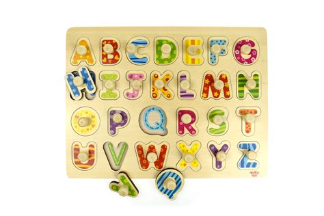 Educational Wooden Alphabet Peg Puzzle With Upper Case Letters Made